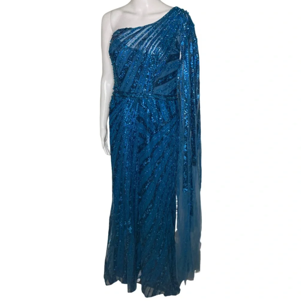 NWT Mac Duggal 20528 Ocean Blue One Shoulder Cape Sleeve Embellished Gown -Sz 12 - Picture 3 of 10